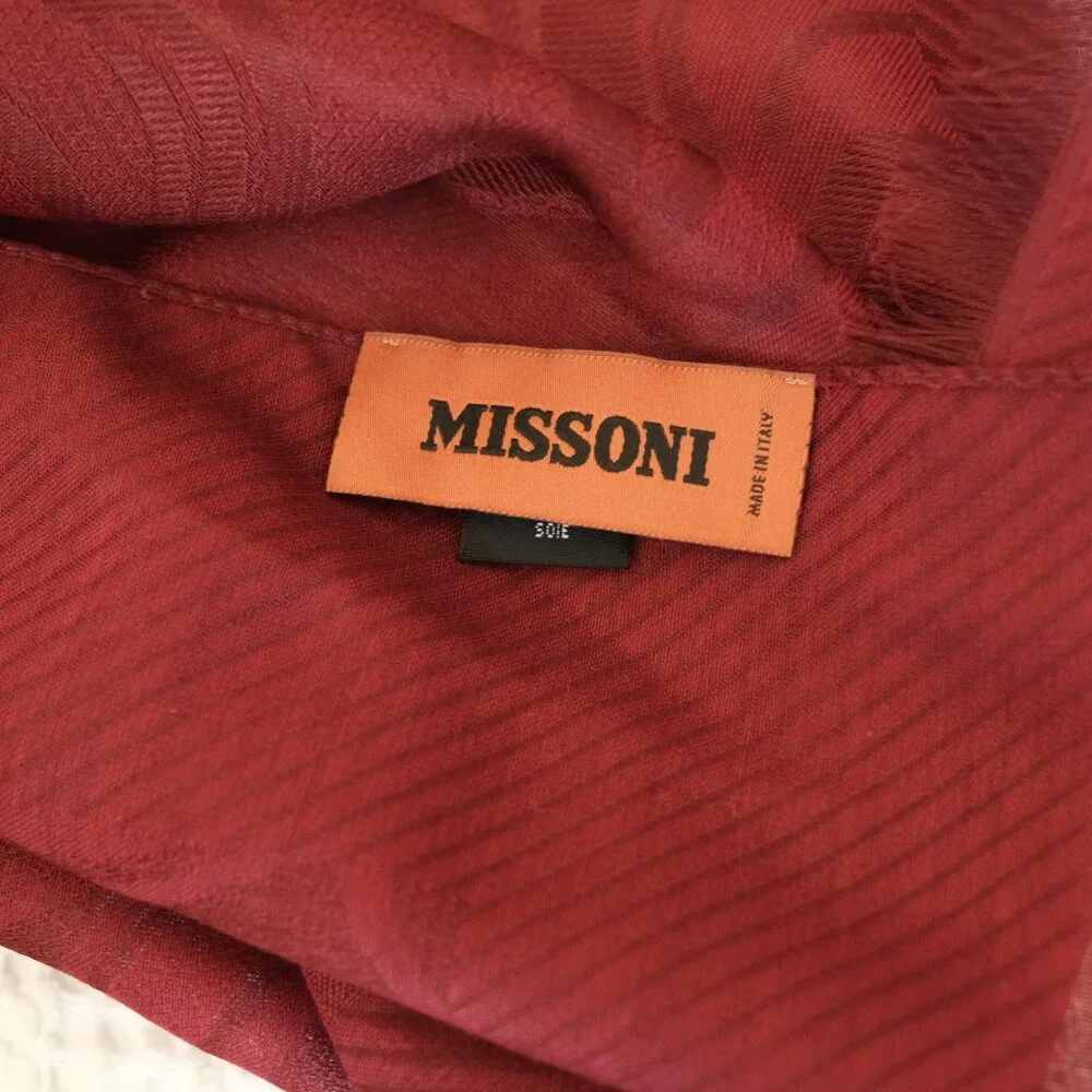 MISSONI Silk Wool Maroon Large Fringed Scarf - Picture 6 of 8